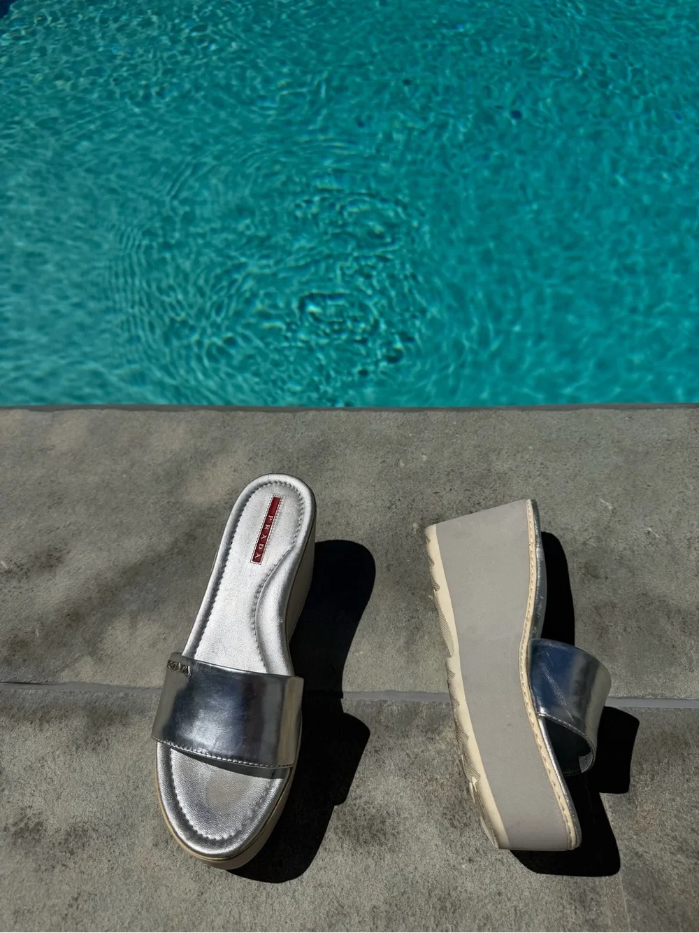 Authentic Vintage PRADA Silver  Leather Wedge Sandals Platform Slide 37.5